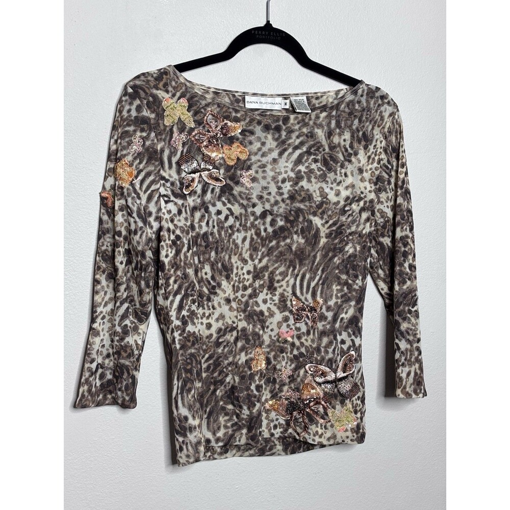 Dana Buchman M Animal Print Butterfly Sequin Embellished 3/4 Sleeve Top